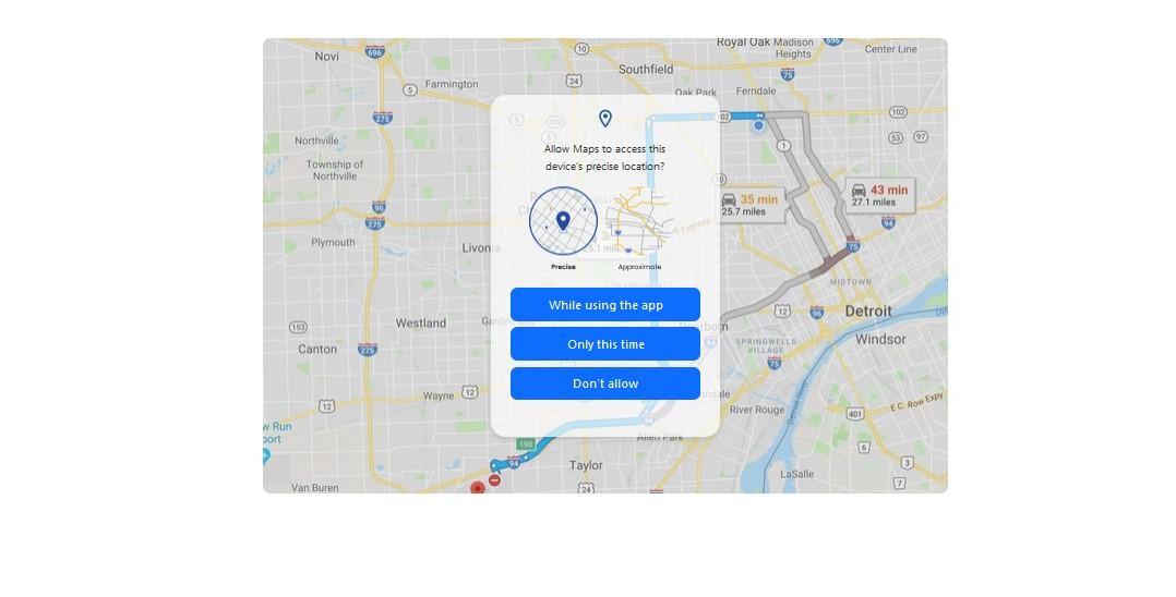 Map app location permission with three buttons and transparent card with responsive
