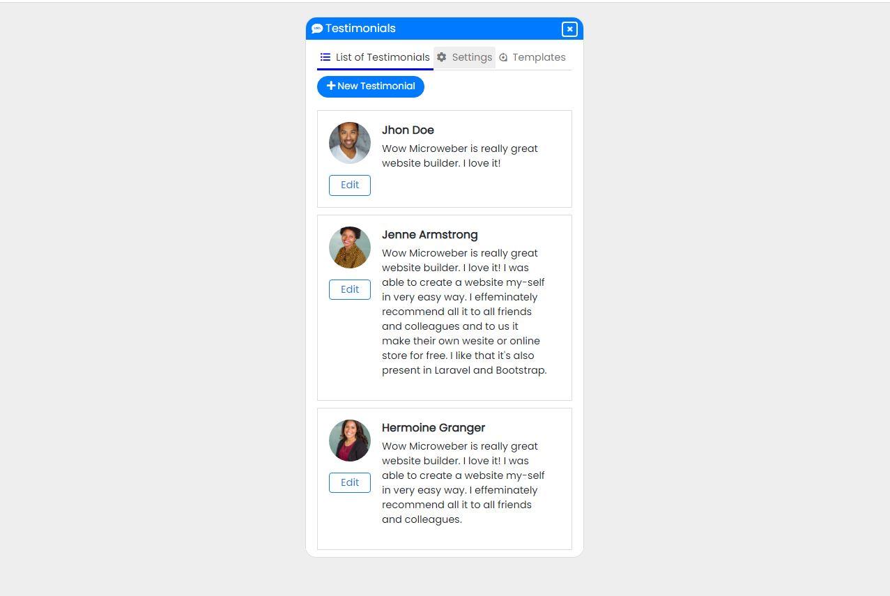 list of testimonials with user details and navigation