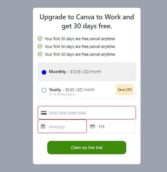 subscription card with radio buttons and validation